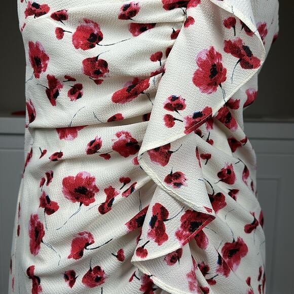 Lucy Paris One Shoulder Midi Dress Cream Red Floral Ruffles Feminine Cocktail L - Picture 7 of 16